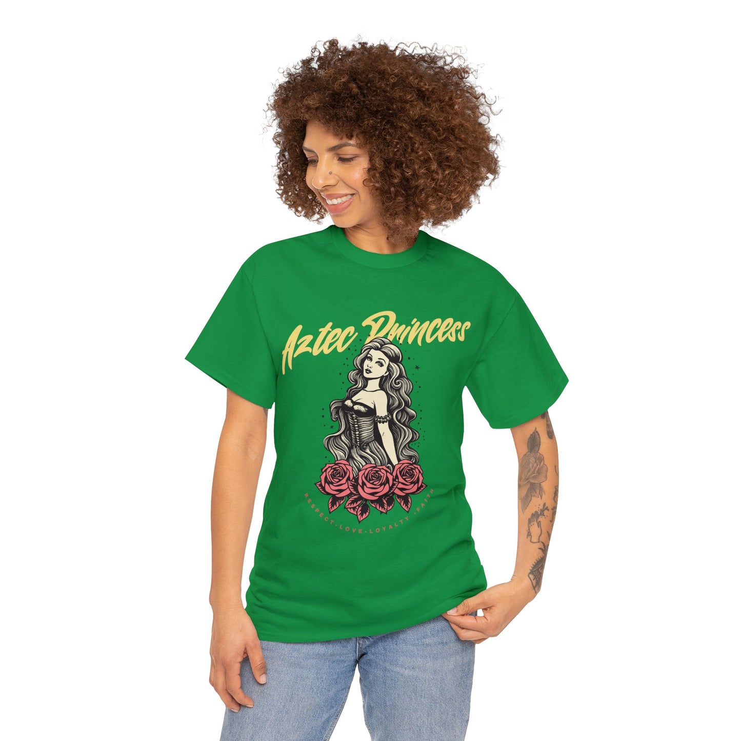 Unisex Cotton Tee Aztec Princess Design with Roses