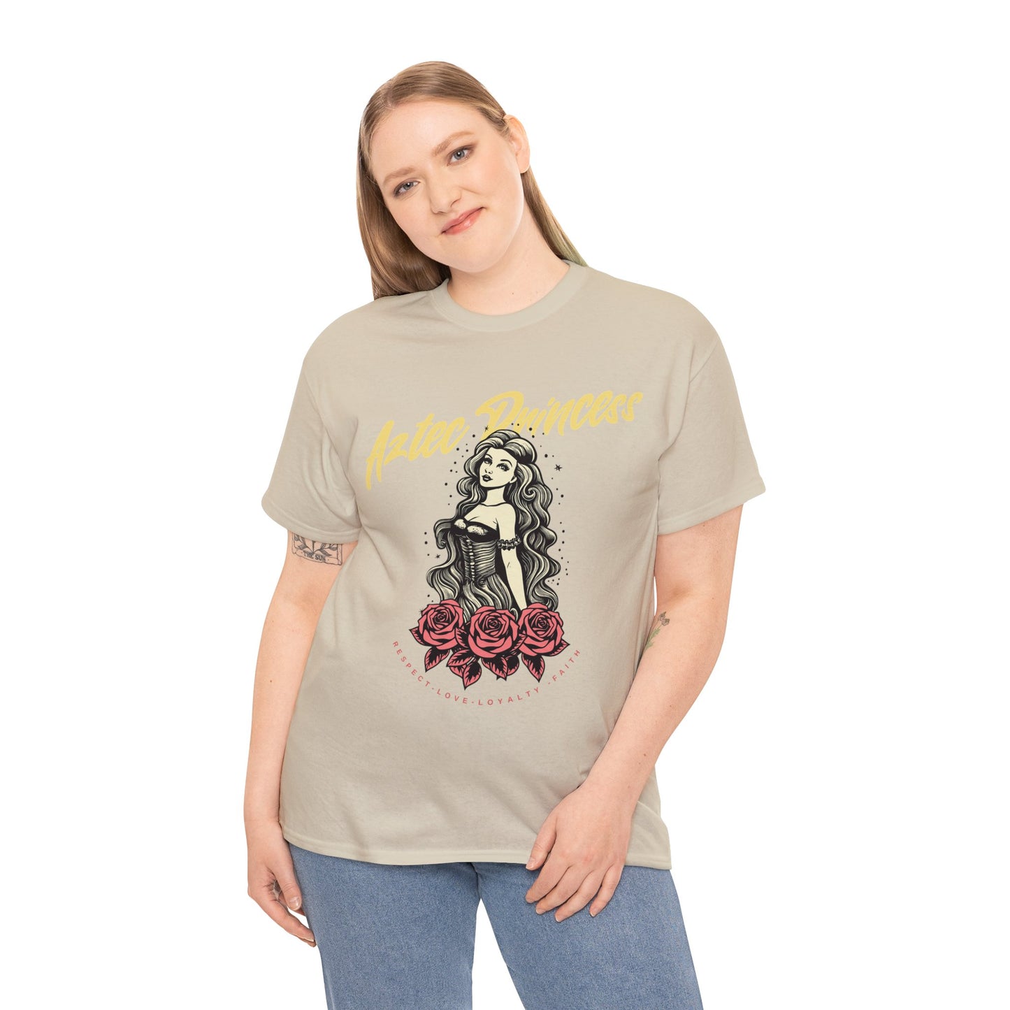 Unisex Cotton Tee Aztec Princess Design with Roses