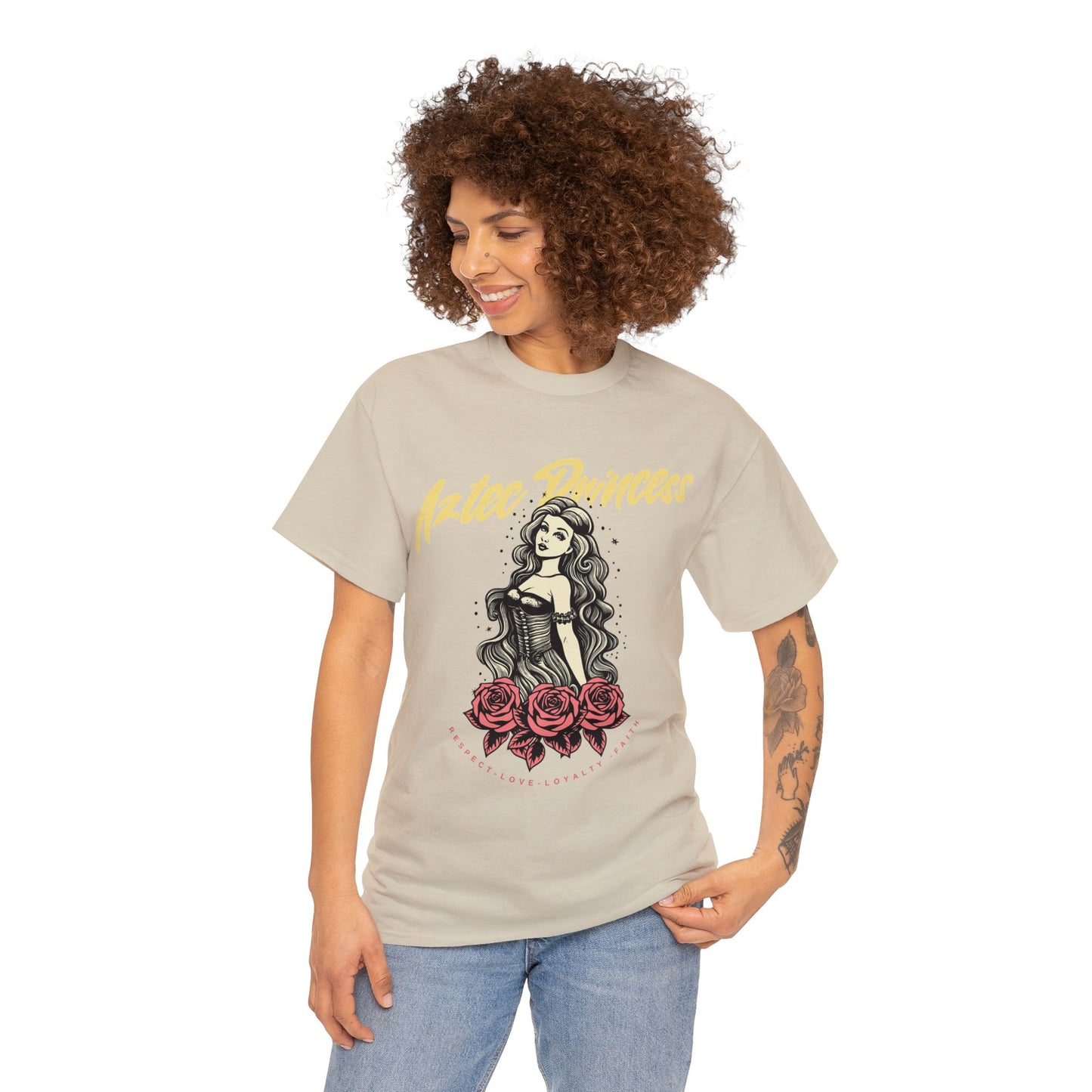 Unisex Cotton Tee Aztec Princess Design with Roses