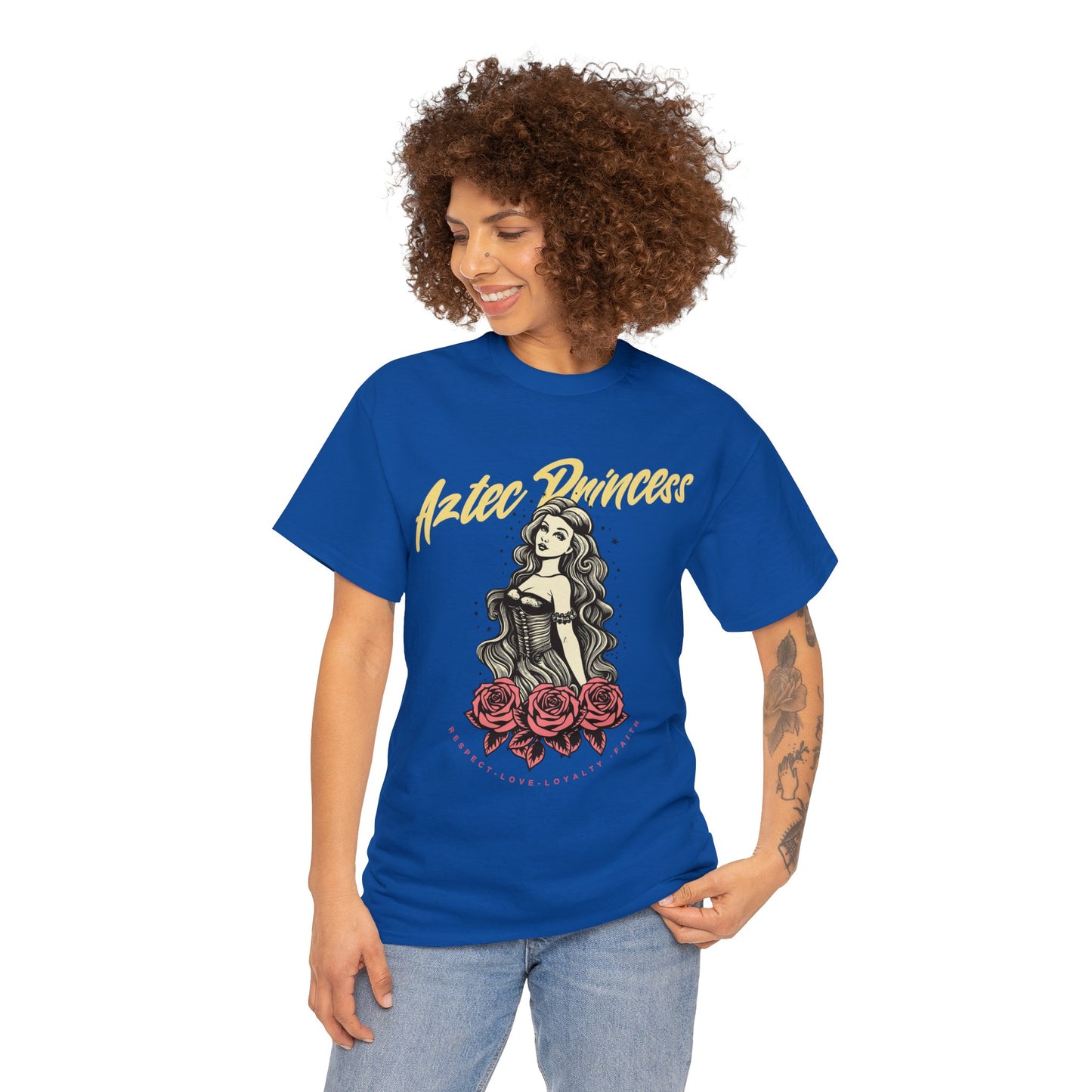 Unisex Cotton Tee Aztec Princess Design with Roses