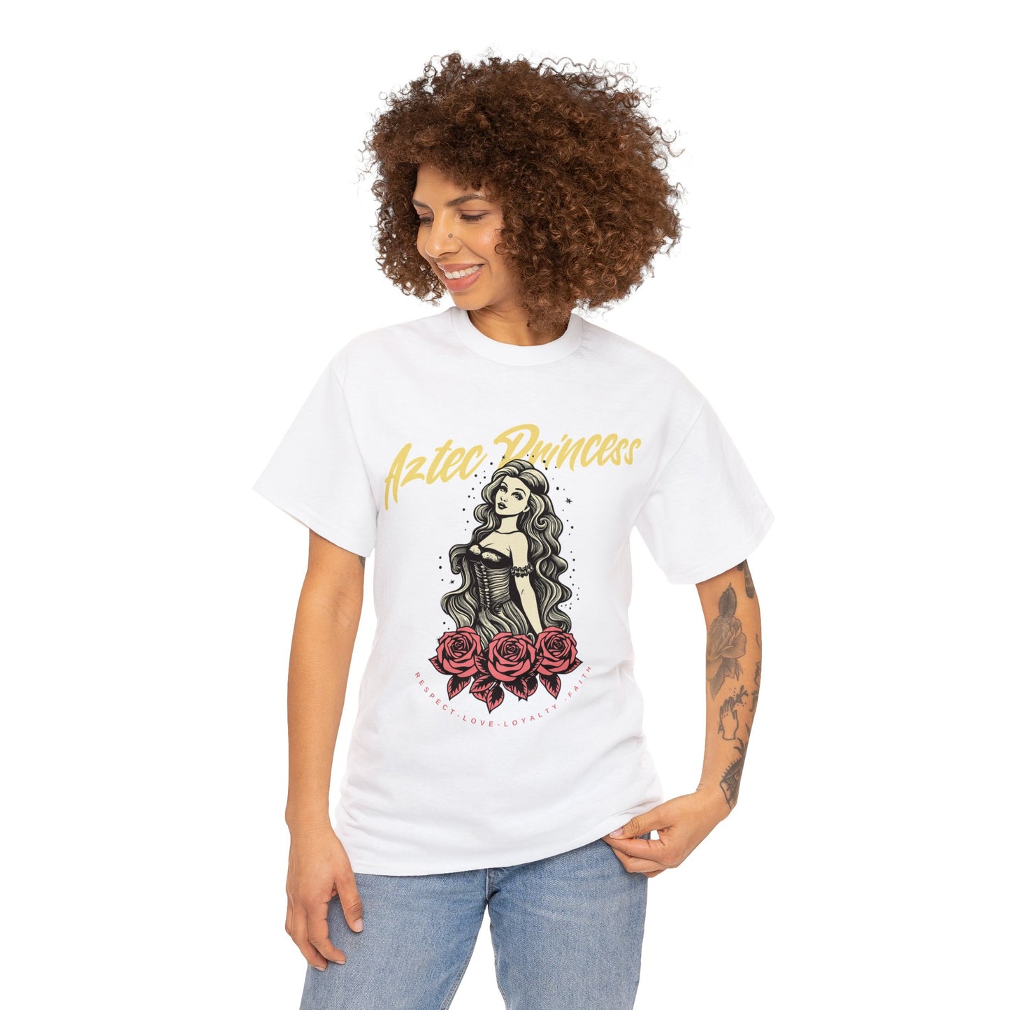 Unisex Cotton Tee Aztec Princess Design with Roses