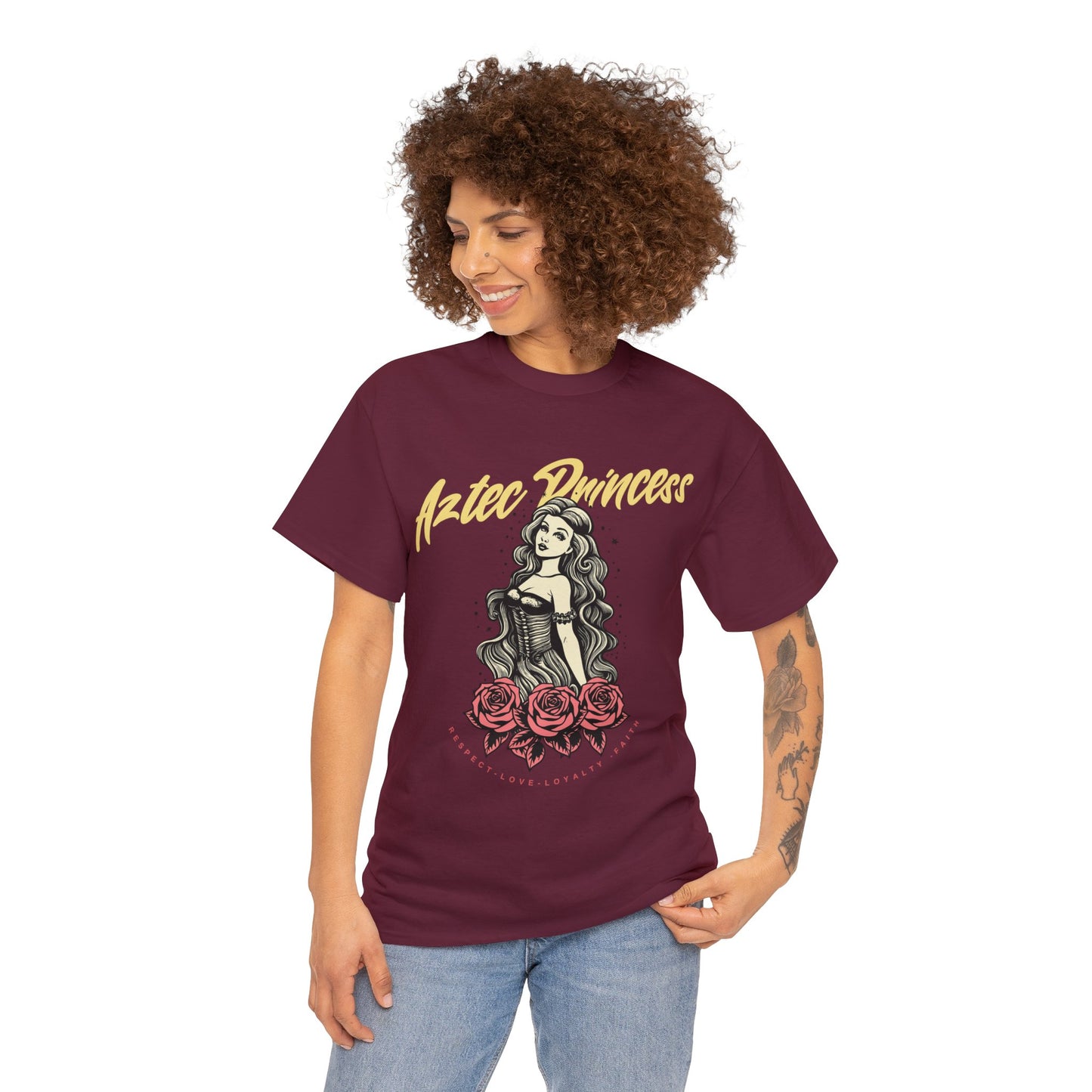 Unisex Cotton Tee Aztec Princess Design with Roses