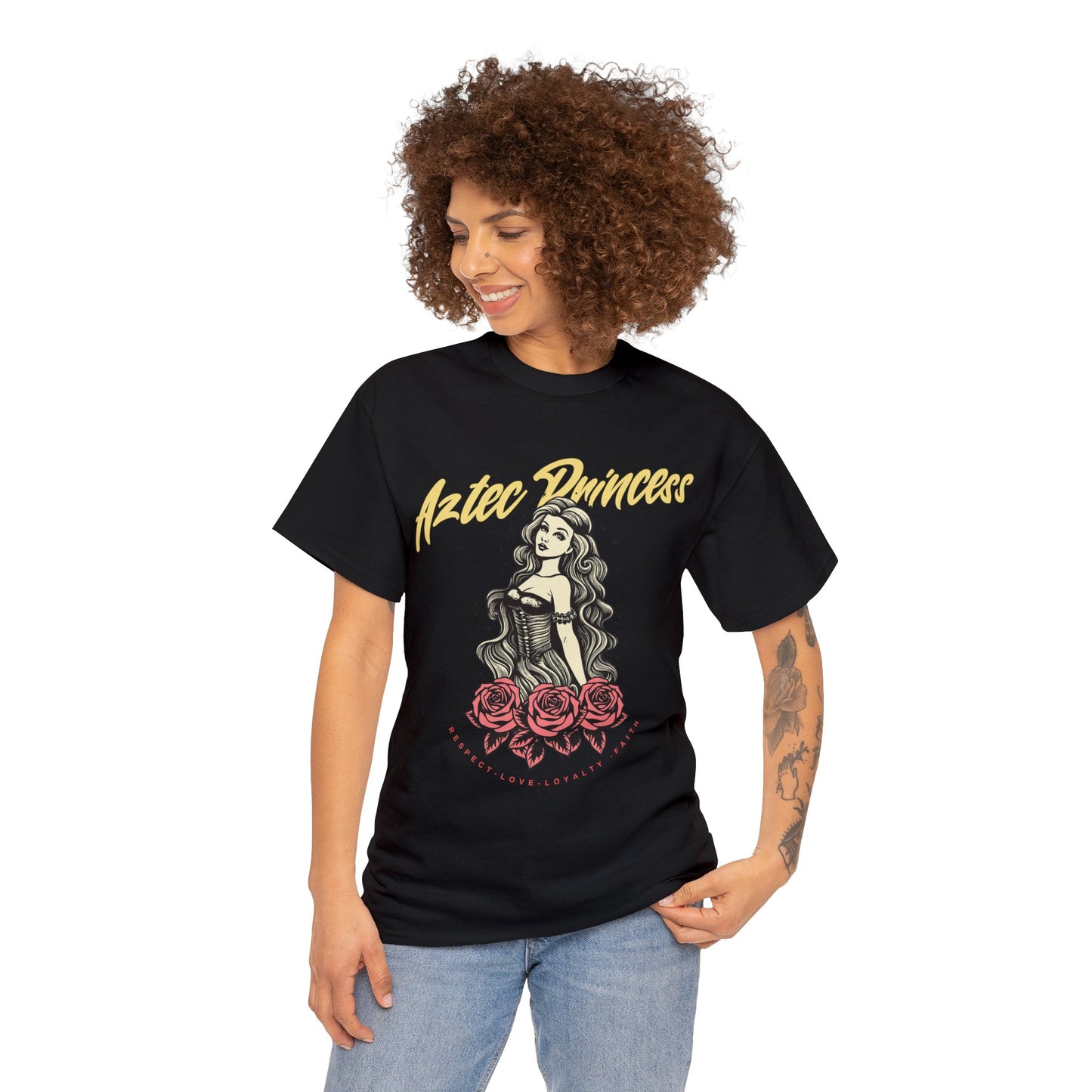 Unisex Cotton Tee Aztec Princess Design with Roses