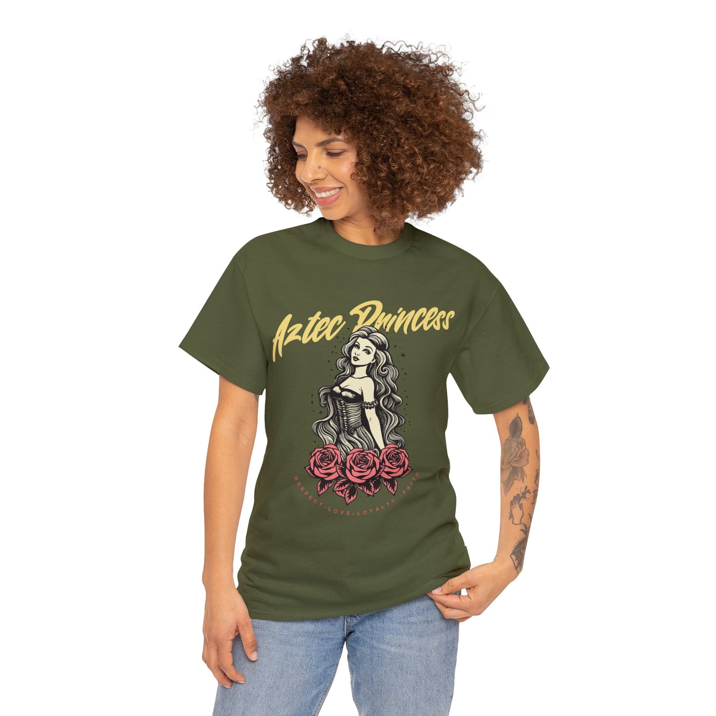 Unisex Cotton Tee Aztec Princess Design with Roses