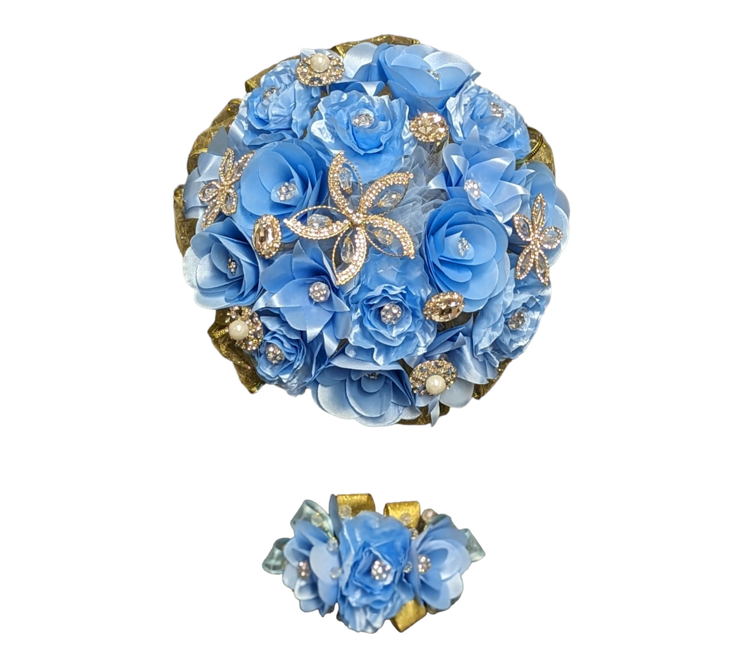 Dark Baby Blue With Gold quinceñera bouquet set